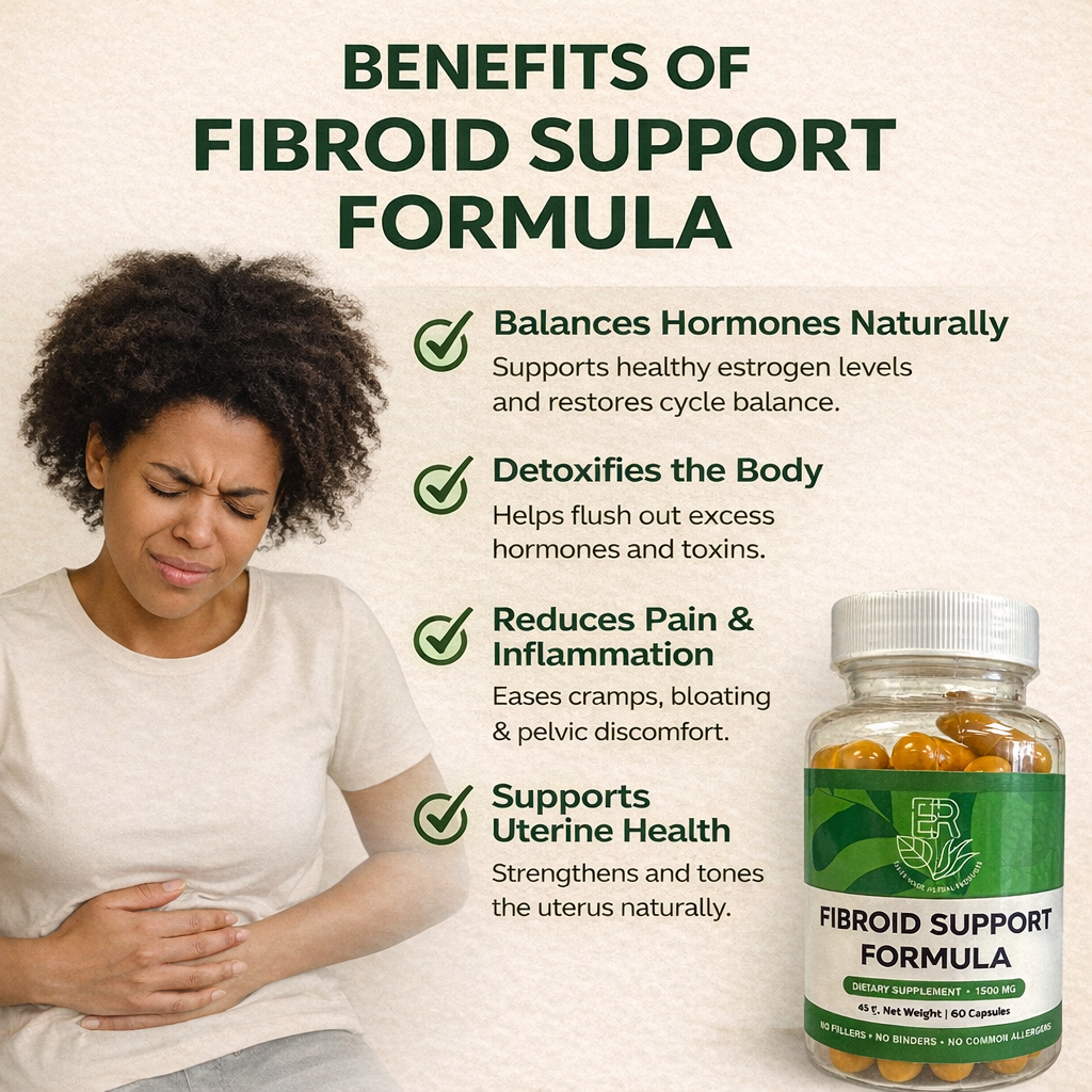 Advertisement for fibroid support formula with a woman holding her stomach and a bottle of the supplement.