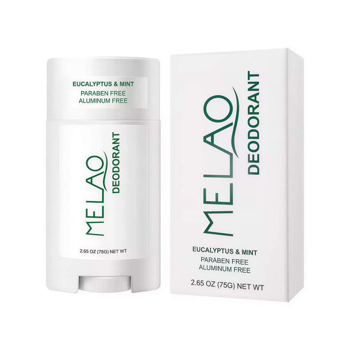 Melao deodorant stick and packaging on a white background