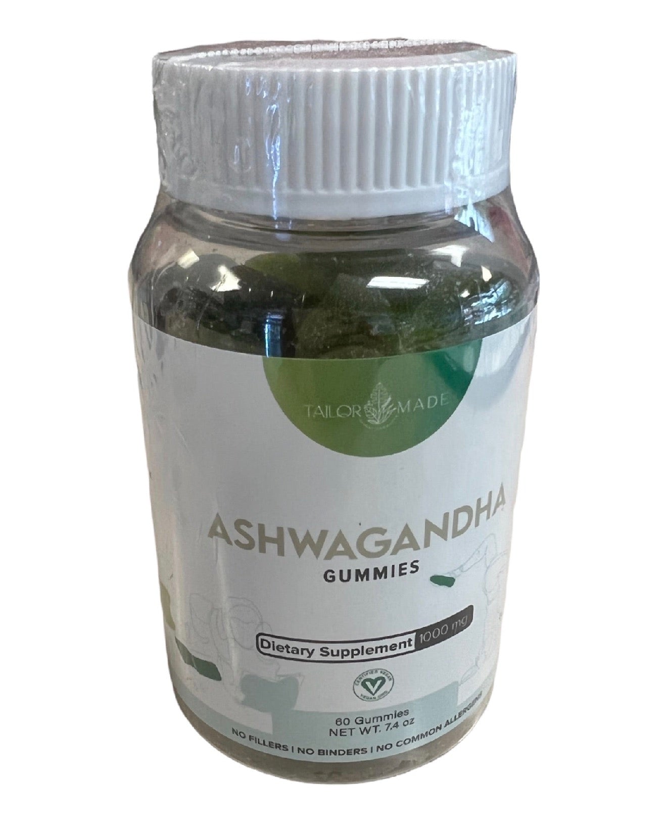 A bottle of Tailor Made Ashwagandha Gummies, 50 count, on a white background.