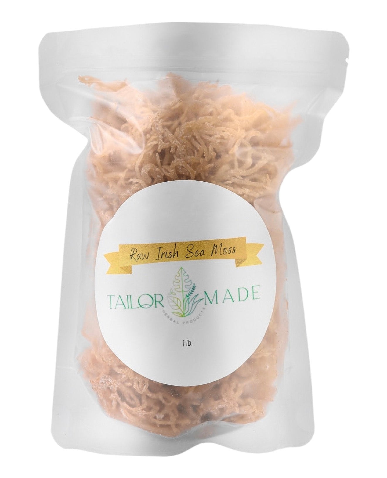 A 1 lb bag of raw Irish sea moss from Tailor Made, packaged in a clear stand-up pouch showing the light tan, fibrous texture of the sea moss inside.