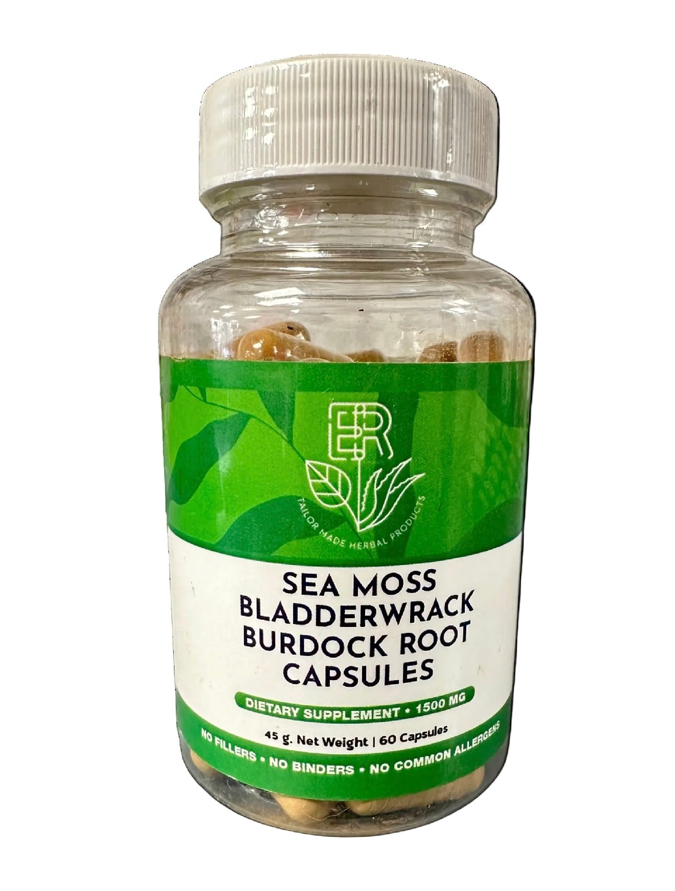 A clear plastic bottle of ER Herbs 'Sea Moss Bladderwrack Burdock Root Capsules' with a white cap and a green and white label, containing brown herbal capsules.