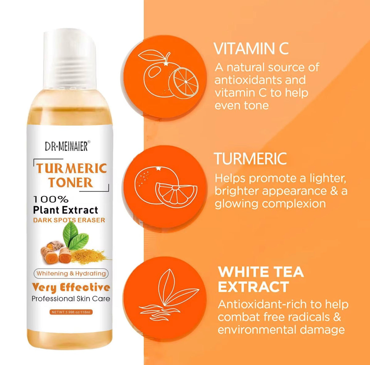 Dr. Meinel Turmeric Toner bottle with ingredients on an orange background