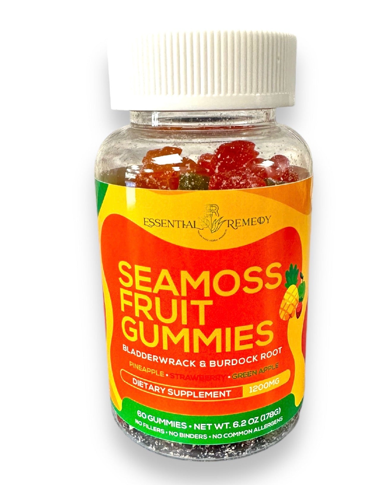 A bottle of Essential Anchor Remedies Seamoss Fruit Gummies, featuring a white ribbed cap and a vibrant orange and yellow label, filled with multicolored gummy bears visible through the clear bottle.