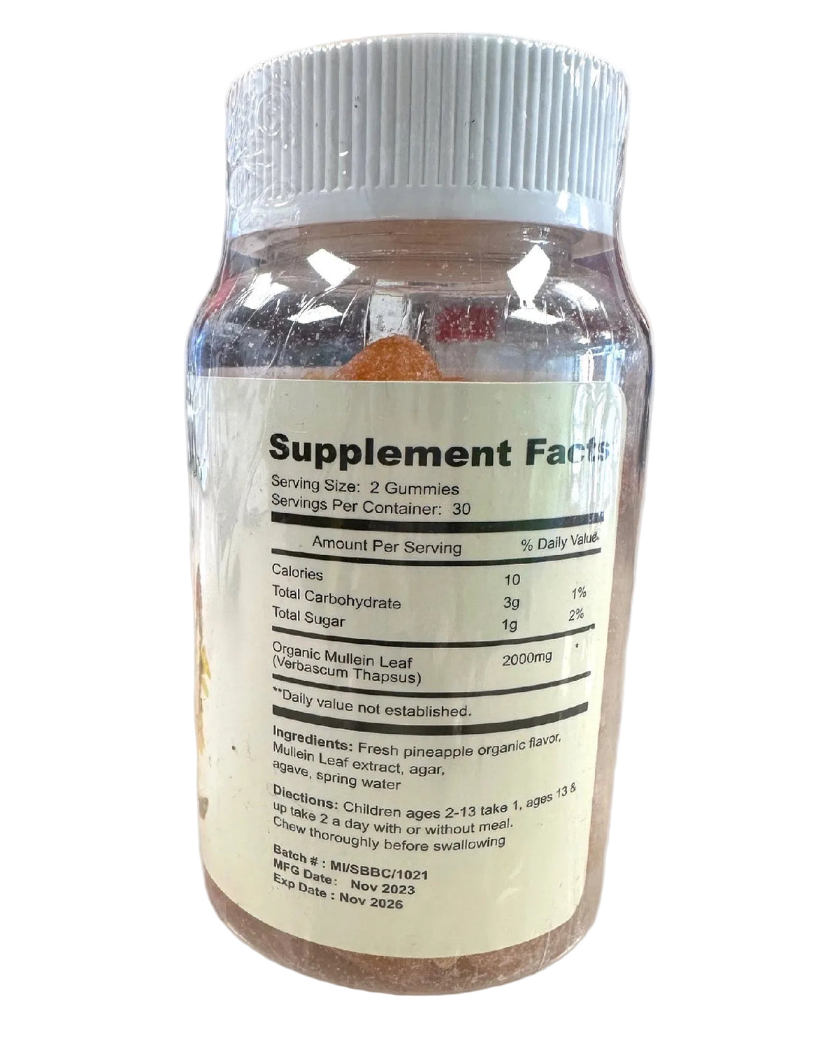 Supplement container with label showing 'Supplement Facts' on a white background
