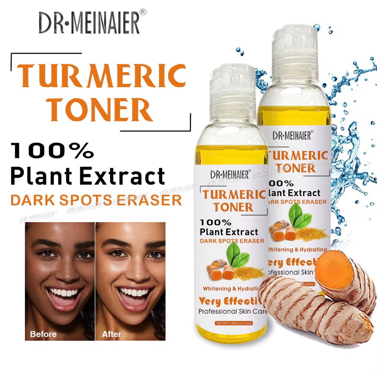 Dr. Meinaier Turmeric Toner with plant extract and dark spots eraser claims, featuring bottles and turmeric roots on a white background.