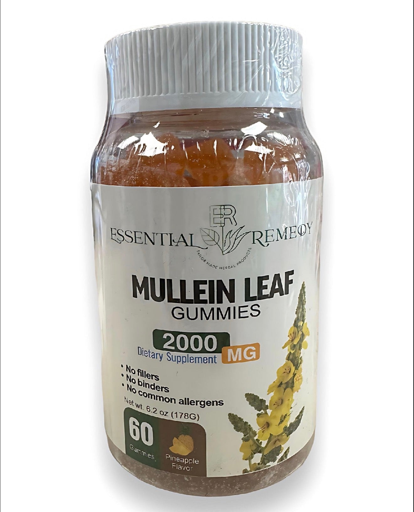 Bottle of Mullein Leaf Gummies with label on a white background