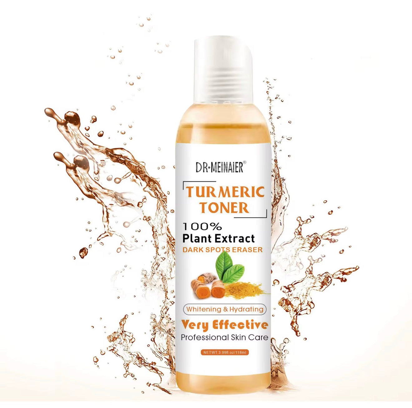 Dr. Meinauer Turmeric Toner bottle with plant extract illustration on a white background
