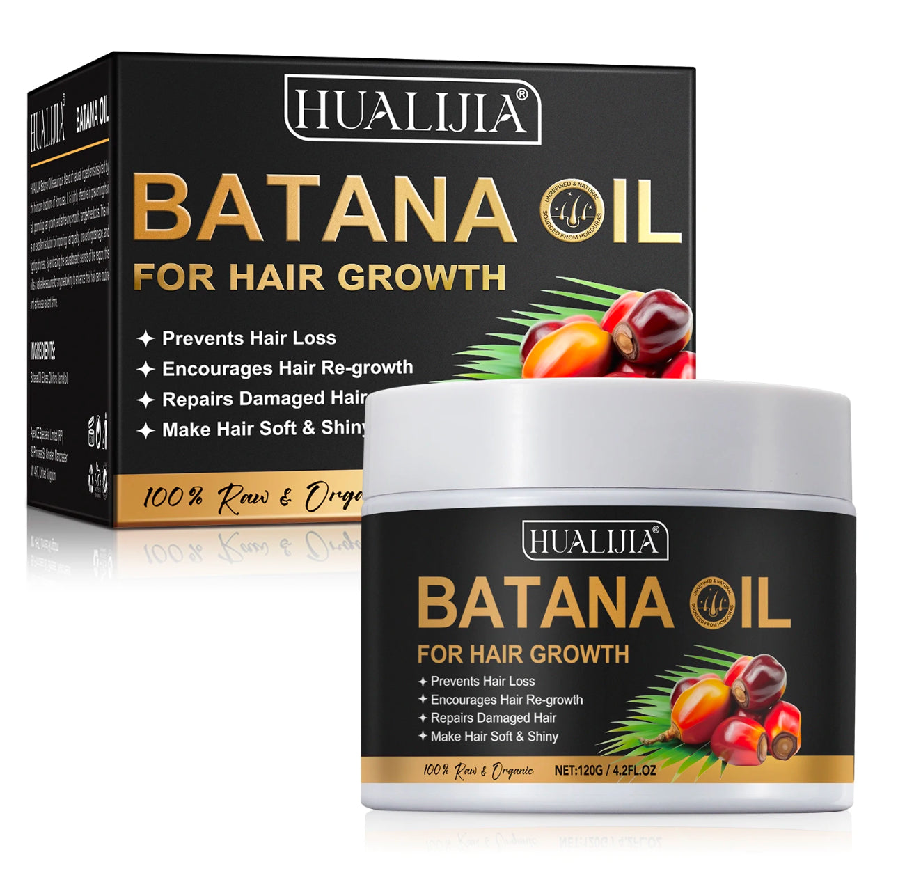 Hualuja Batana Oil for Hair Growth shown as a white plastic jar in the foreground with its black retail box behind it on a clean white background.