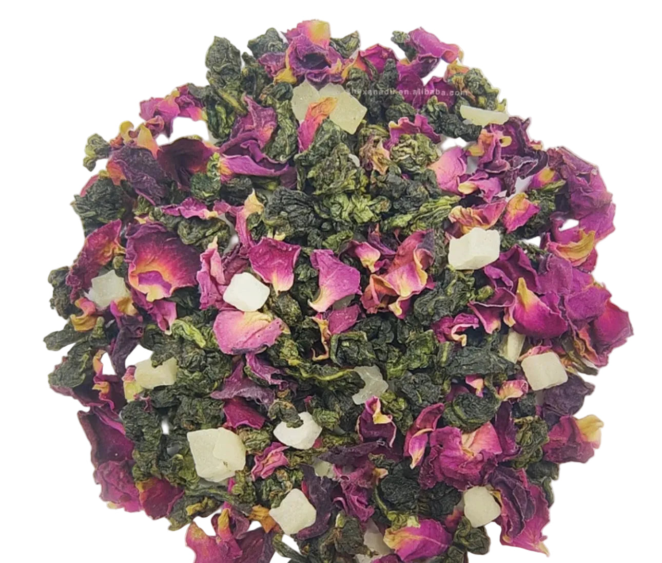 Tea leaves with pink and white petals on a white background