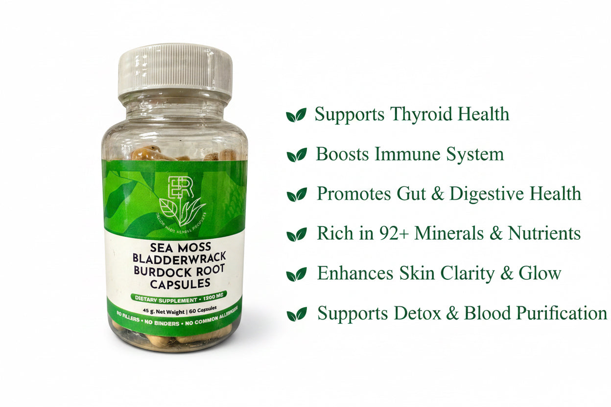 Bottle of Sea Moss Bladderwrack Burdock Root capsules with a green label on a white background