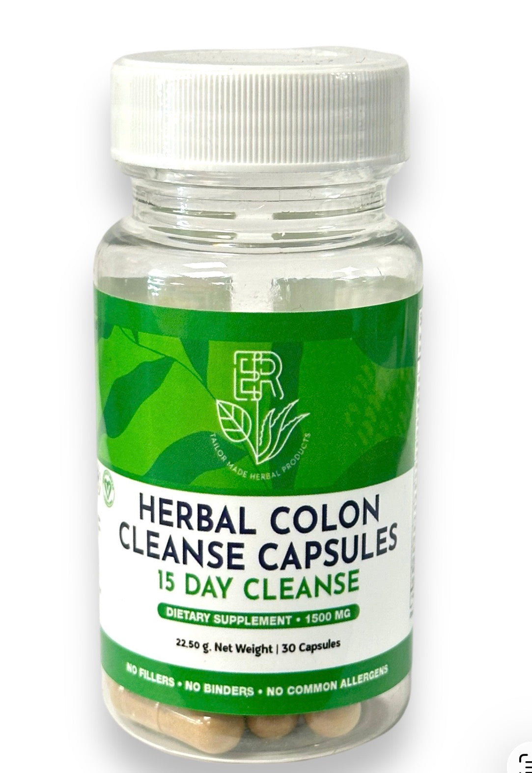 Bottle of Herbal Colon Cleanse Capsules with green label on a white background