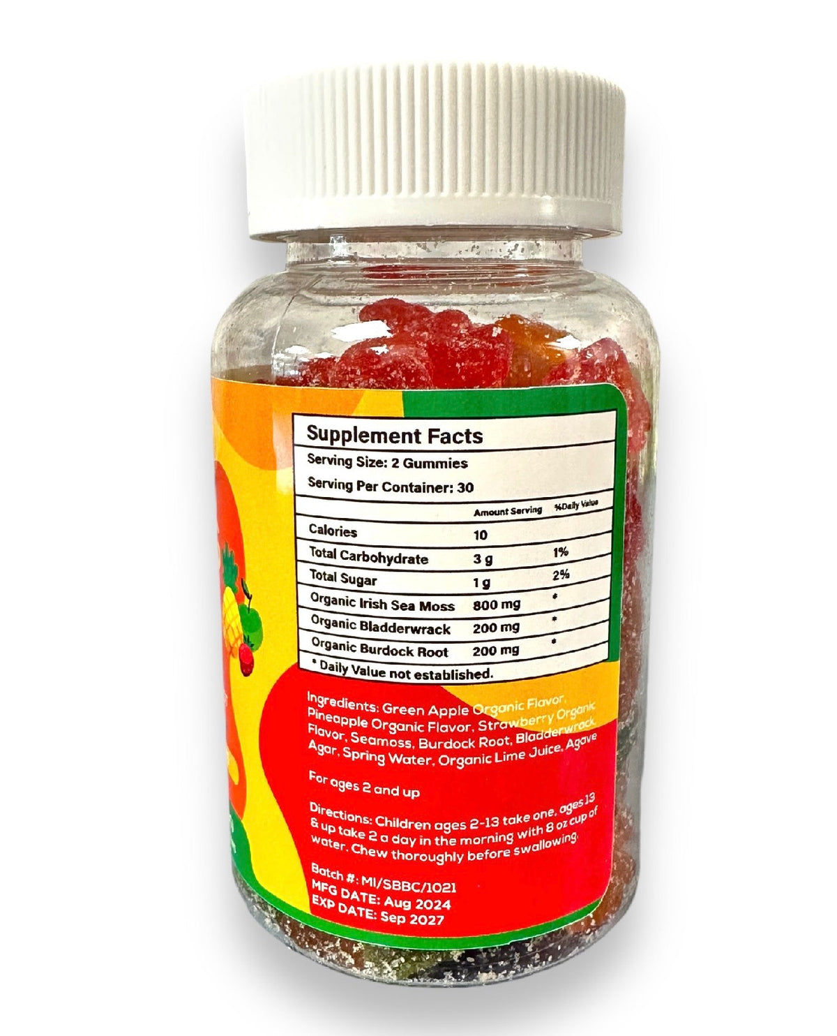 Supplement bottle with colorful label on a white background