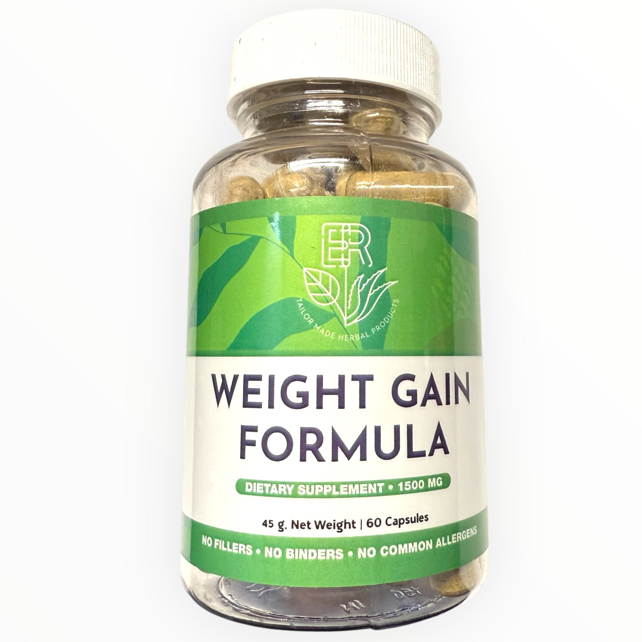 Supplement bottle labeled 'Weight Gain Formula' with a green label on a white background