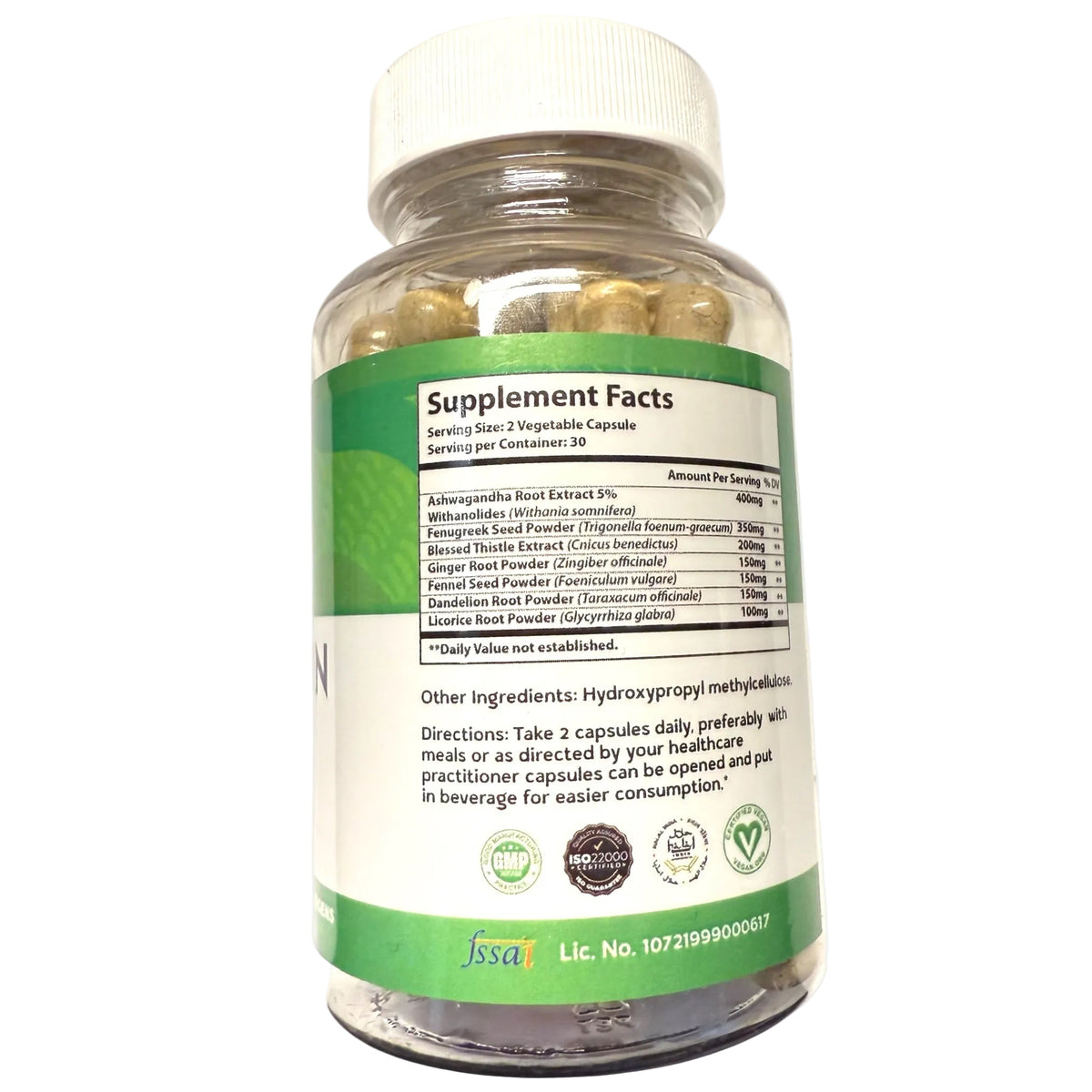 Supplement bottle with label showing 'Supplement Facts' on a white background