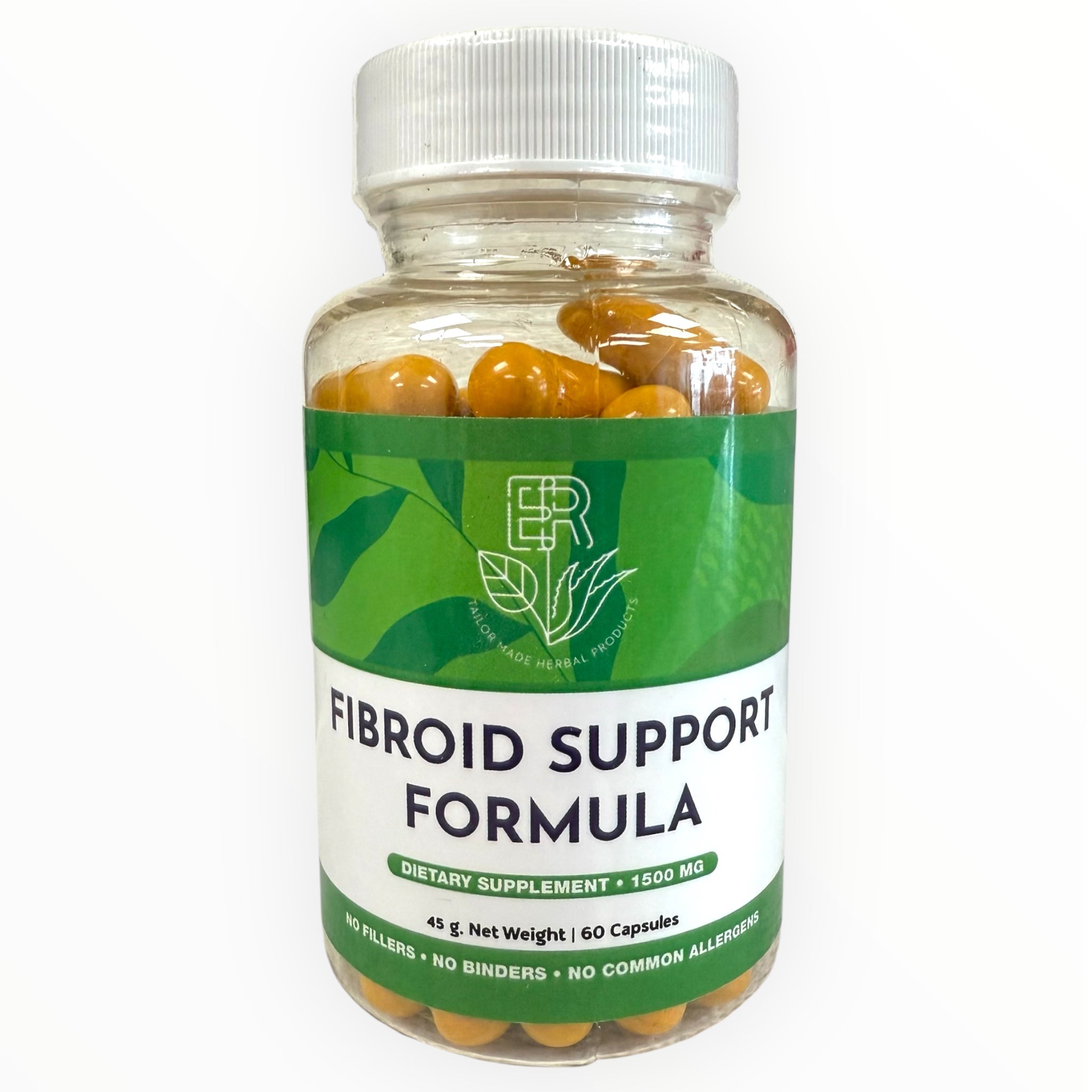 Supplement bottle labeled 'Fibroid Support Formula' with a green label on a white background