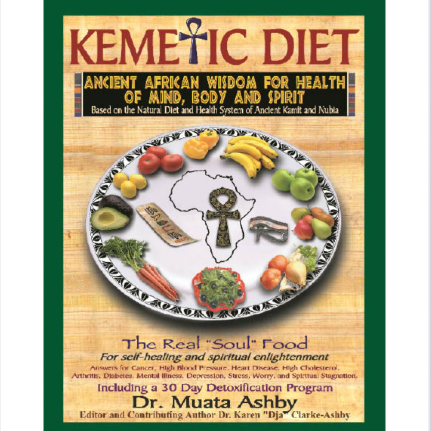 Book cover of 'Kemetic Diet' with food illustration and title text.