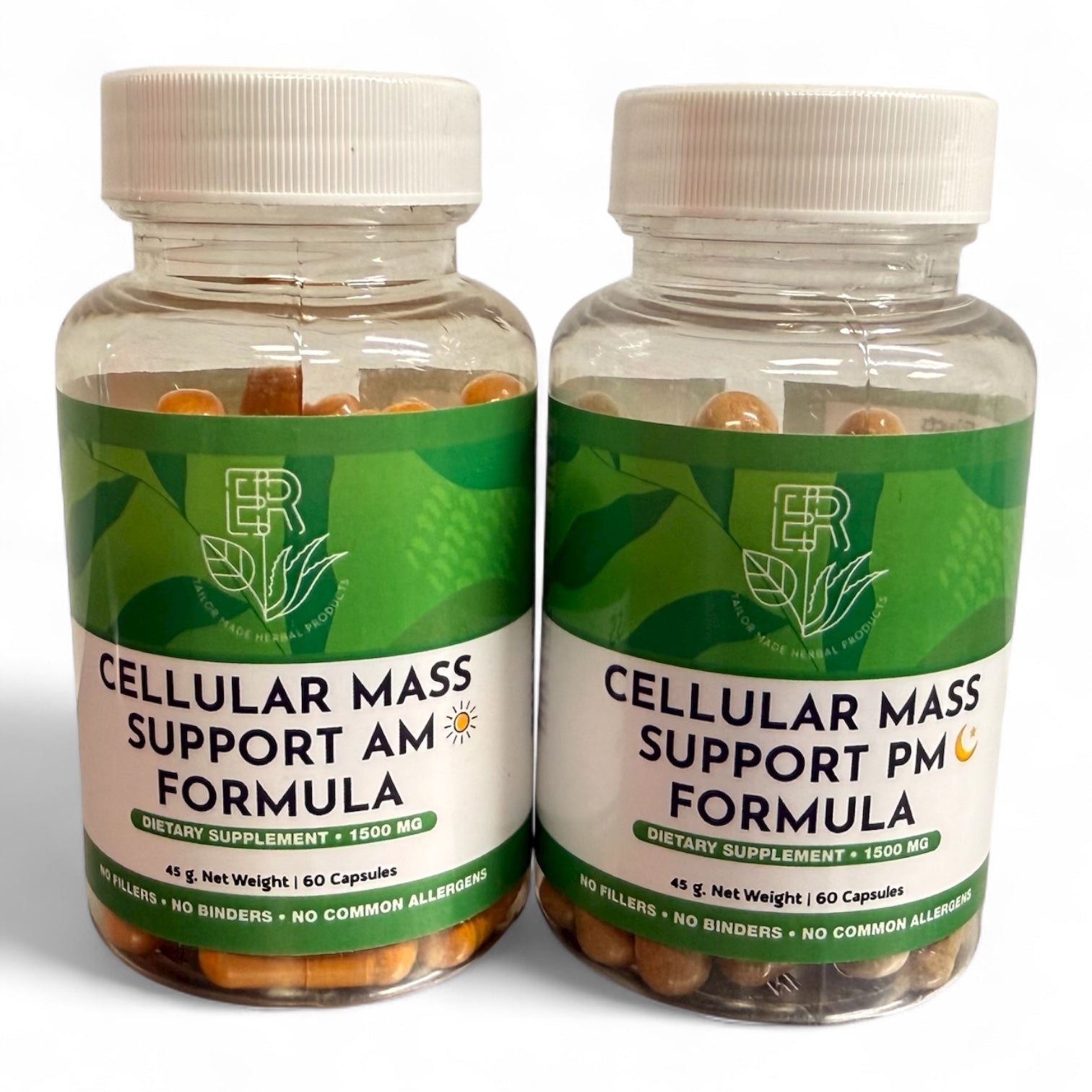 Two bottles of Cellular Mass Support AM and PM Formula on a white background