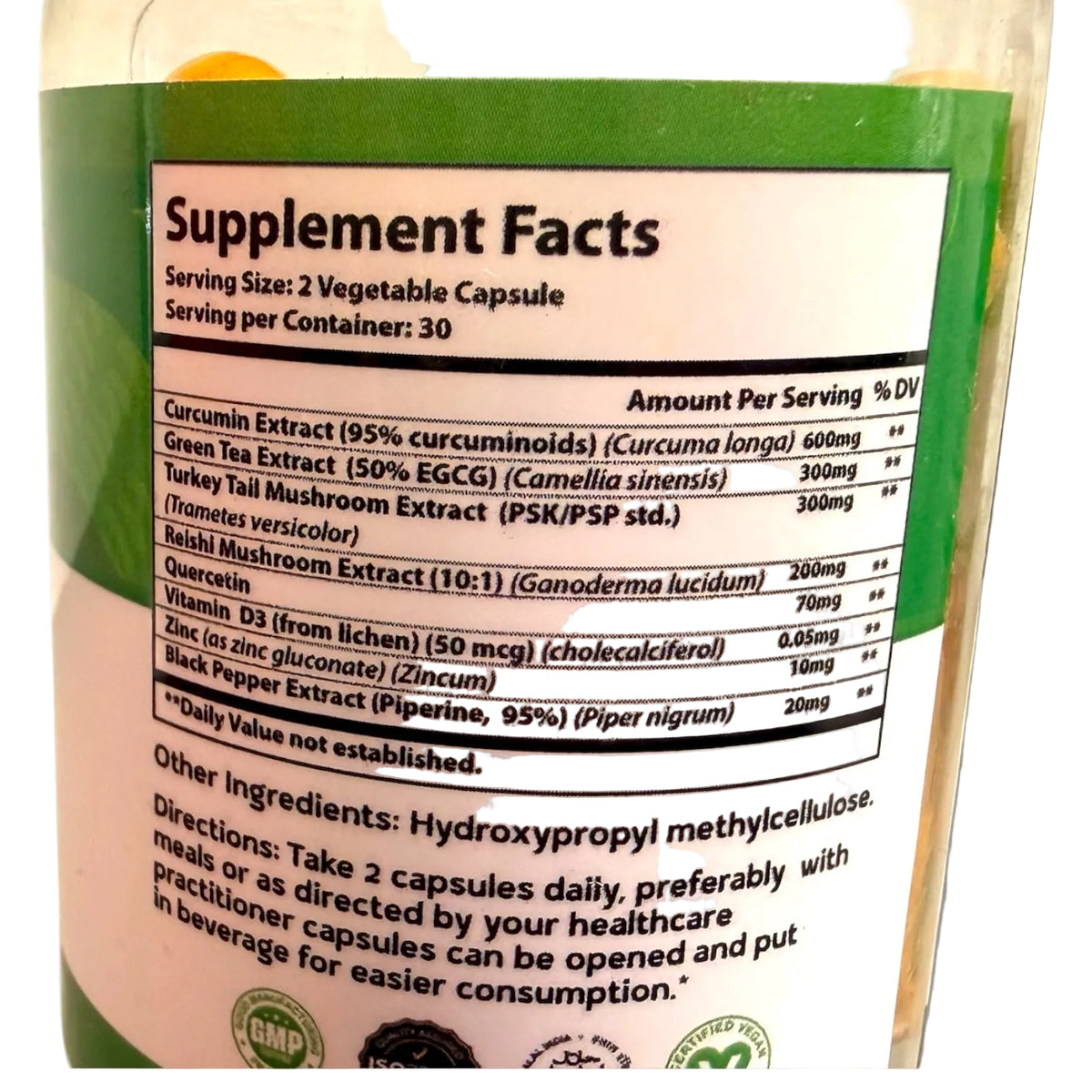 Supplement label with 'Supplement Facts' and ingredients on a bottle.