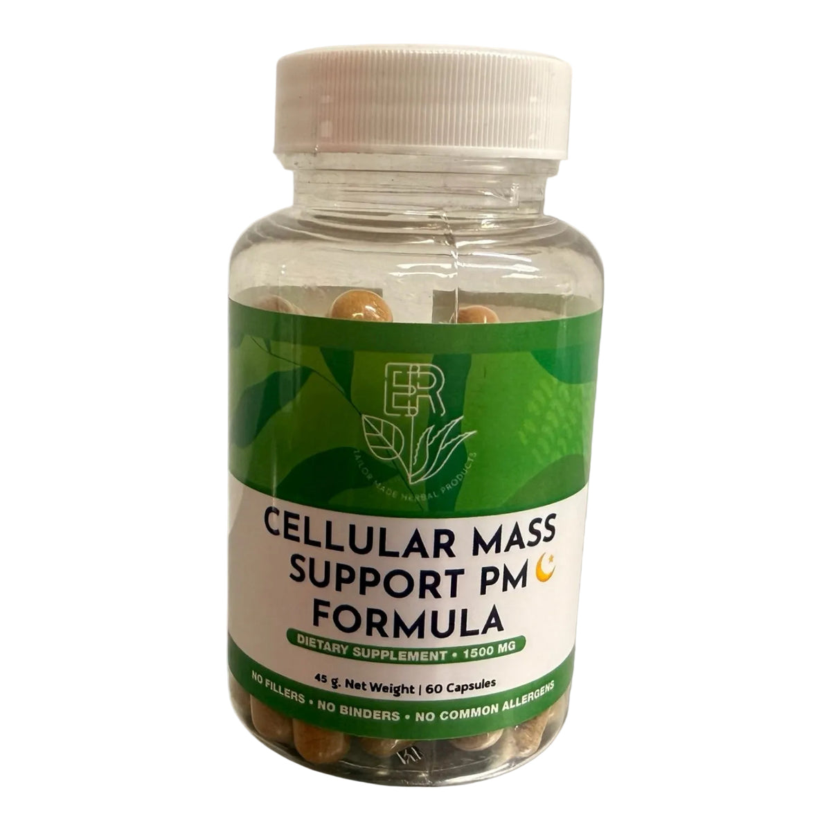 Supplement bottle labeled 'Cellular Mass Support PM Formula' on a white background