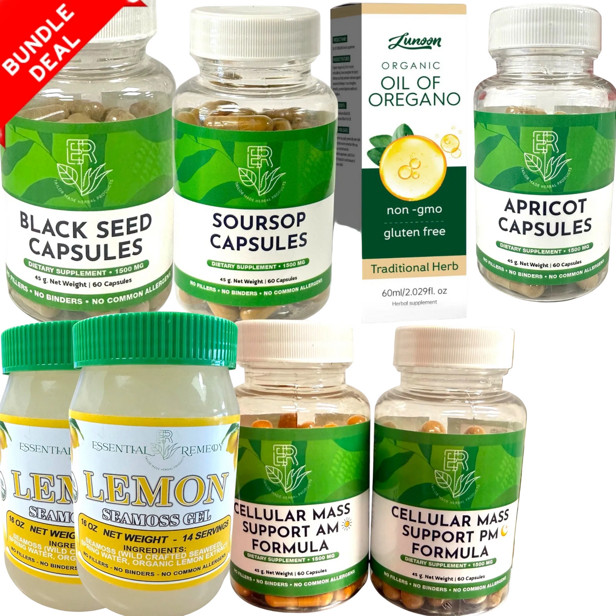 A bundle of health supplement products including Essential Remedies Black Seed Capsules, Soursop Capsules, Lemon Seaweed Gel, and Apricot Oil, along with Zunyn Organic Oil of Oregano. The products are arranged on a white background with a red 'BUNDLE DEAL' banner in the top left corner.