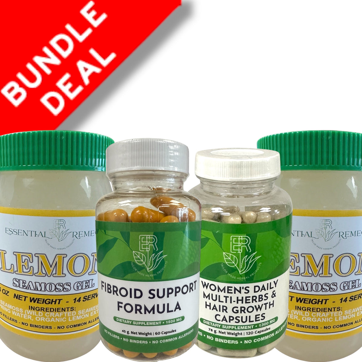 Supplement bottles with labels on a white background, featuring a 'Bundle Deal' banner.