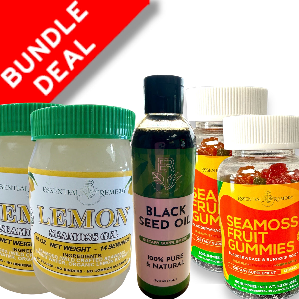 Collection of health and wellness products including lemon sea moss gel, black seed oil, and sea moss gummies with a 'Bundle Deal' label.