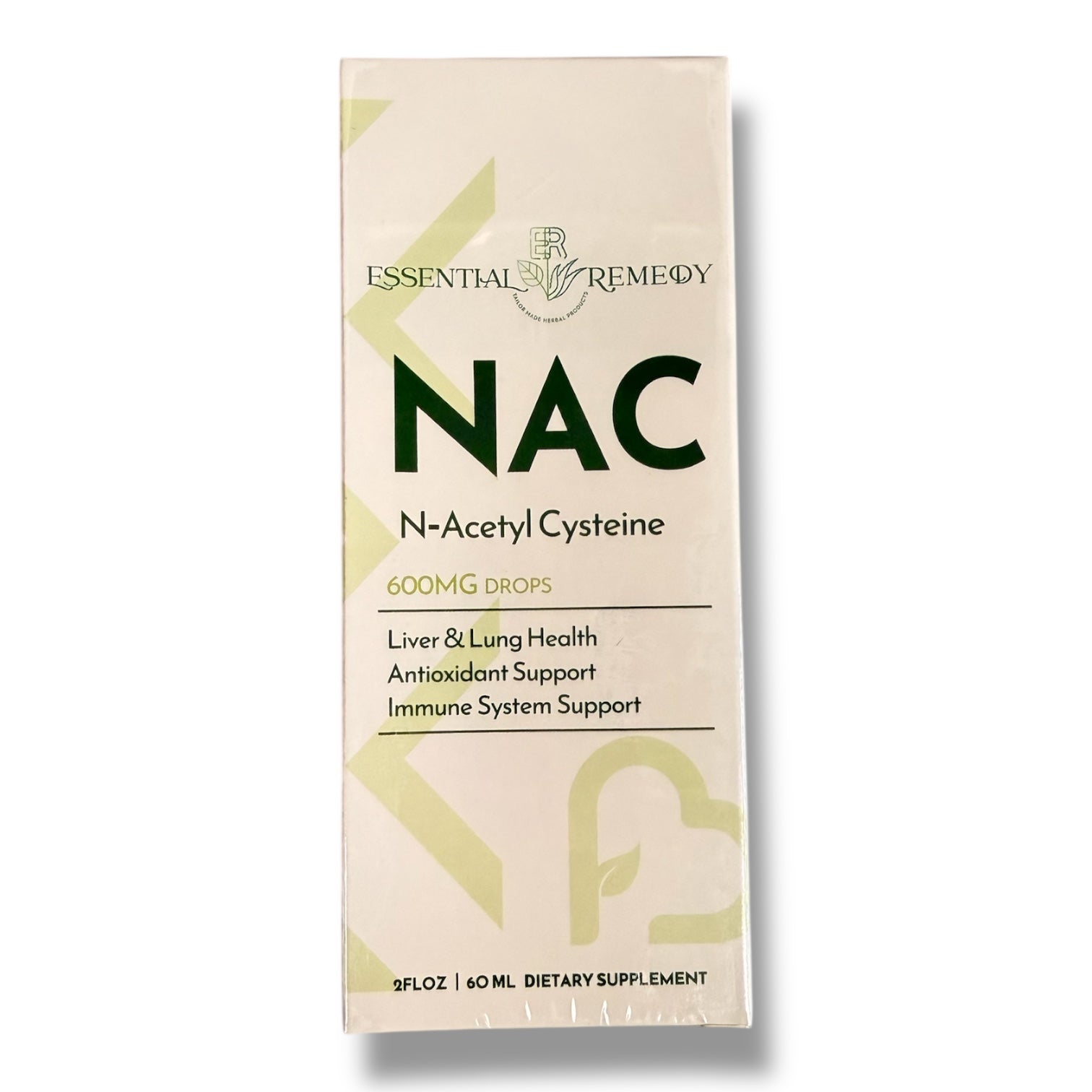 Supplement box labeled 'NAC' by Essential Remedy on a white background