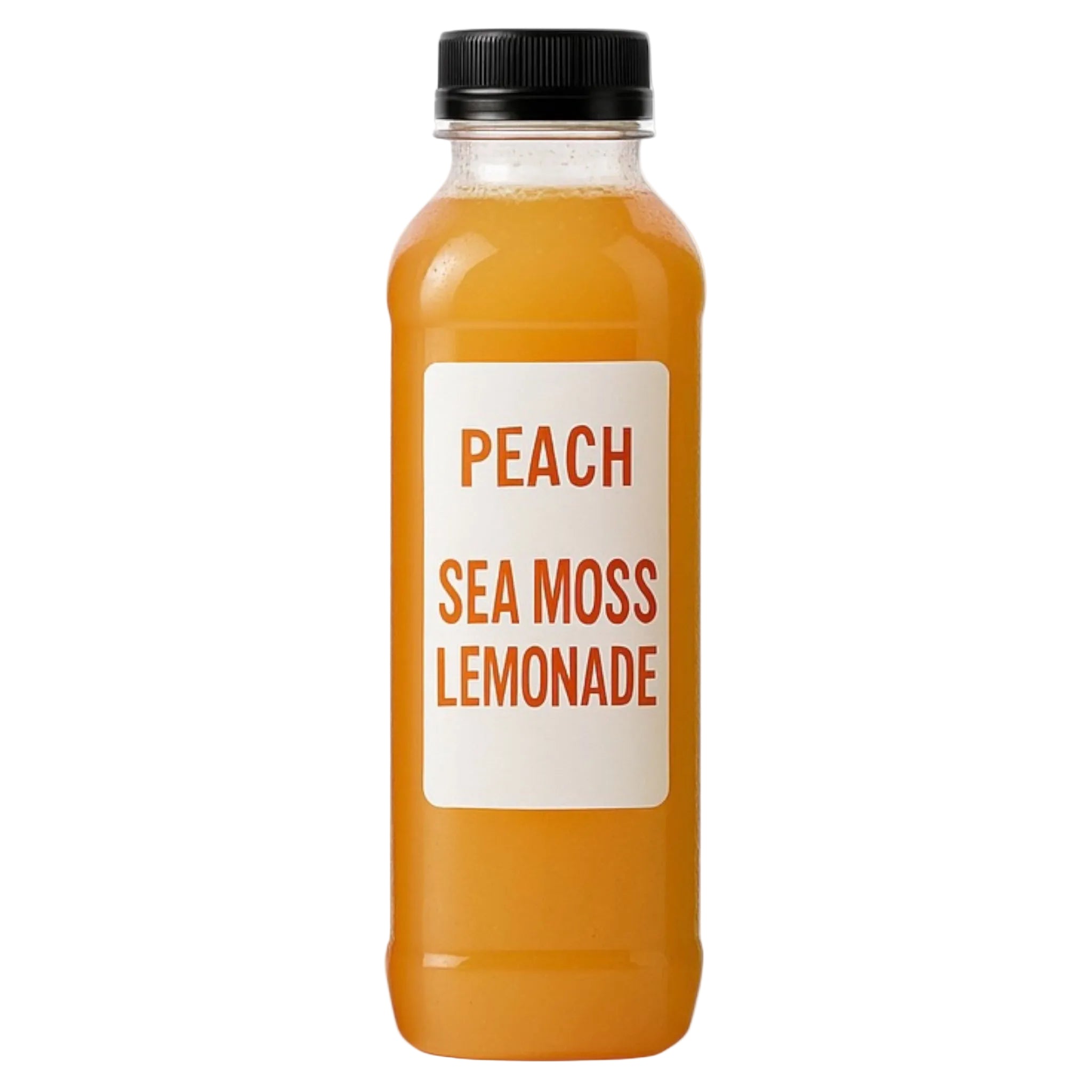 Bottle of peach sea moss lemonade with a black cap on a white background