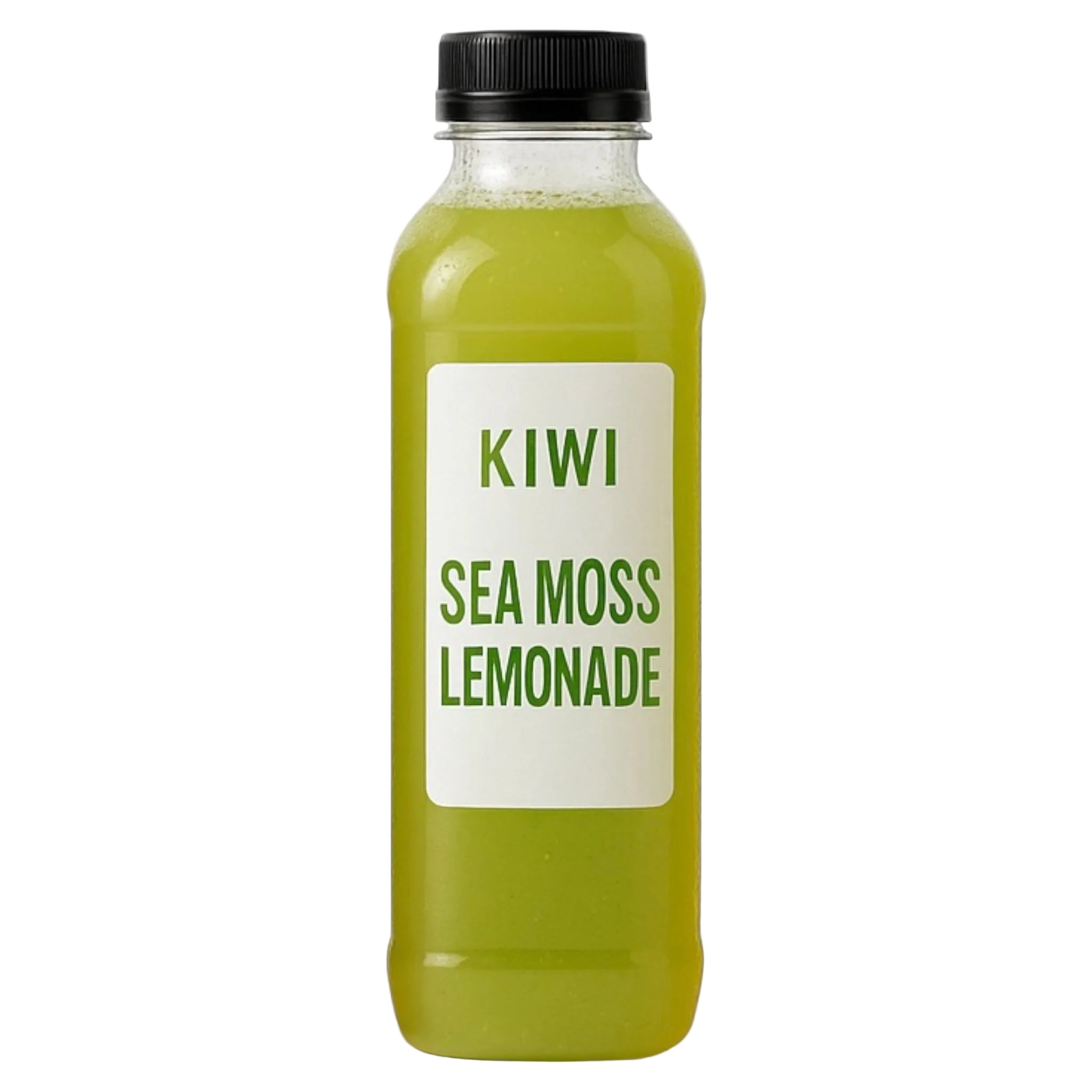 Bottle of kiwi sea moss lemonade with a black cap on a white background
