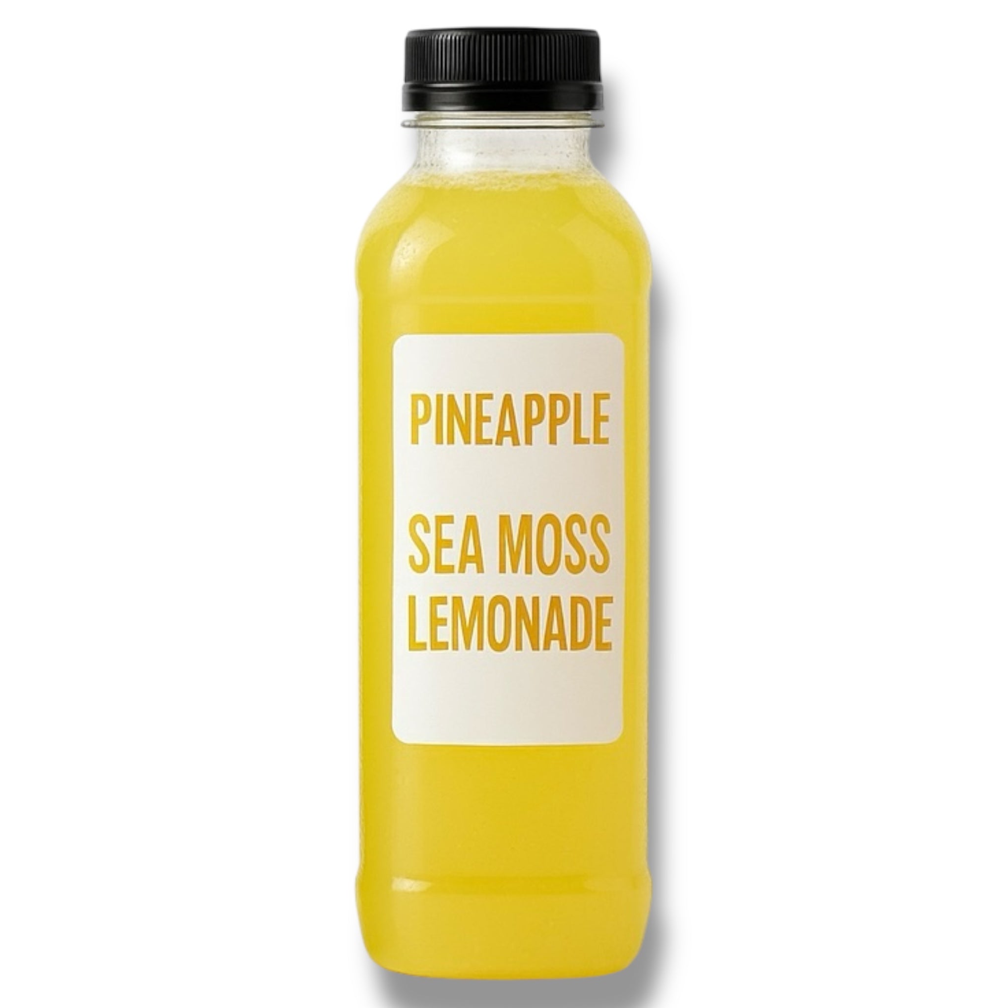 Yellow bottle of pineapple sea moss lemonade with a black cap on a white background