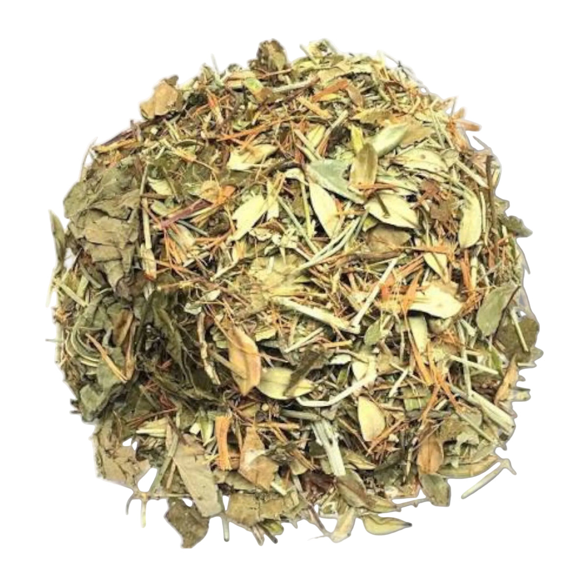  pile sof dried loose herbal tea or botanical blend made up of small green, yellow-green, and tan leaves and stems, photographed on a plain white background.