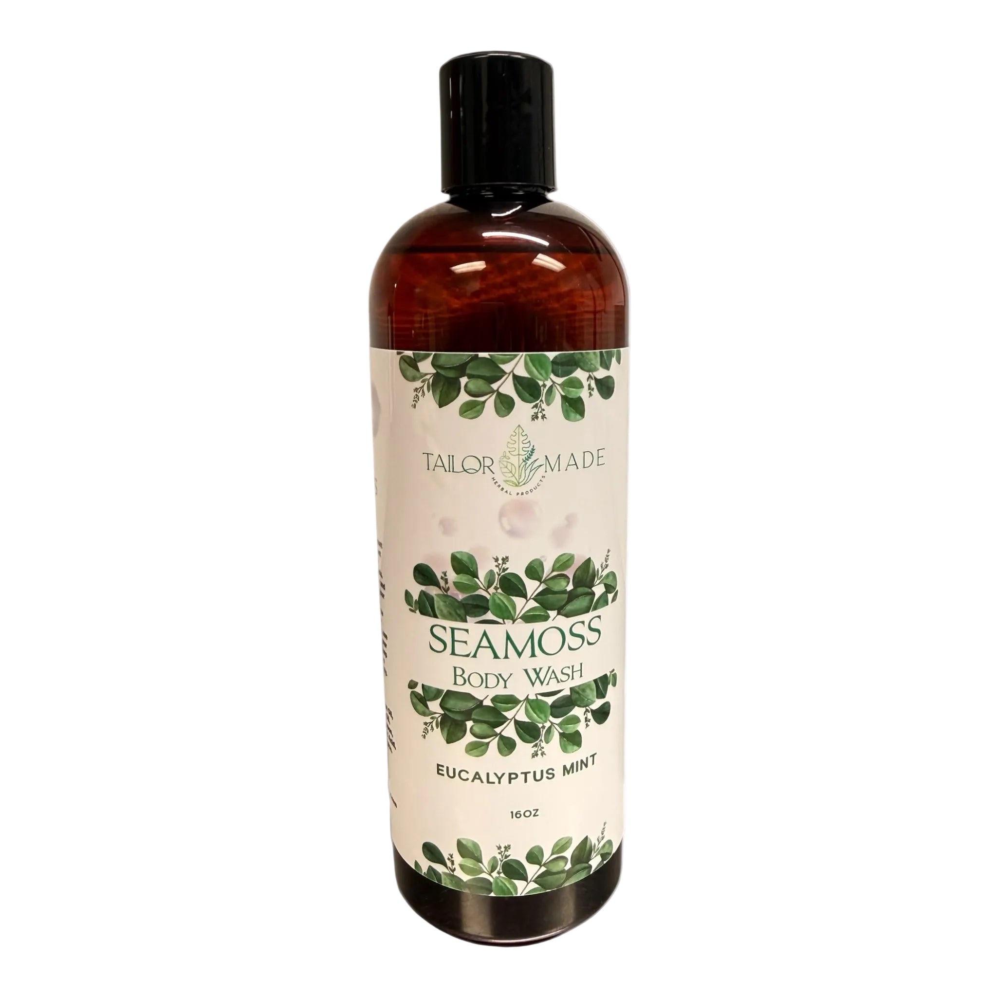 Bottle of Seamoss Body Wash with Eucalyptus Mint on a white background