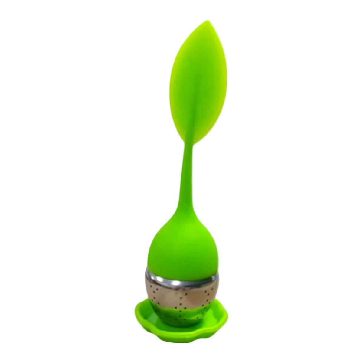 Green silicone tea infuser on a white background
