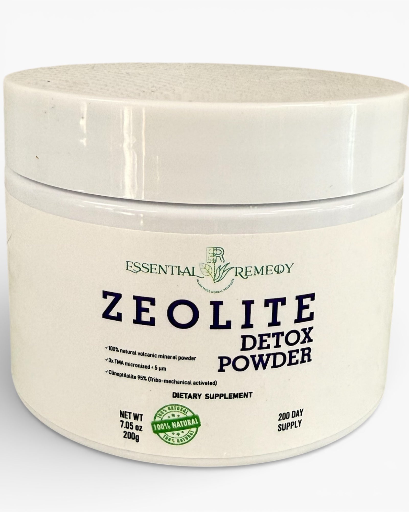 A white plastic tub of Essential Remedy Zeolite Detox Powder with a matching white lid, set against a clean white background.