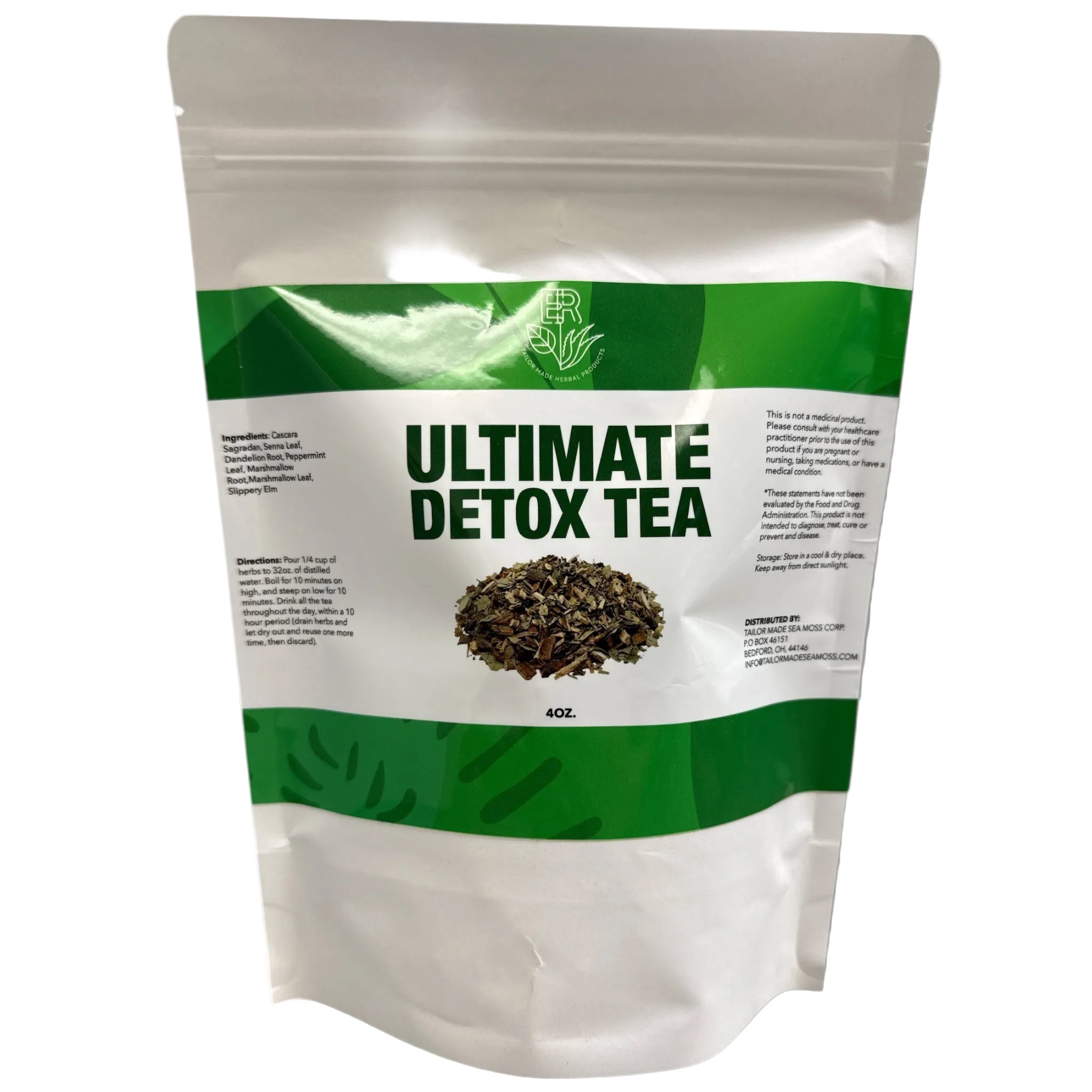White stand-up pouch with green label for Ultimate Detox Tea 4oz. showing loose dried herbs and ingredients list.
