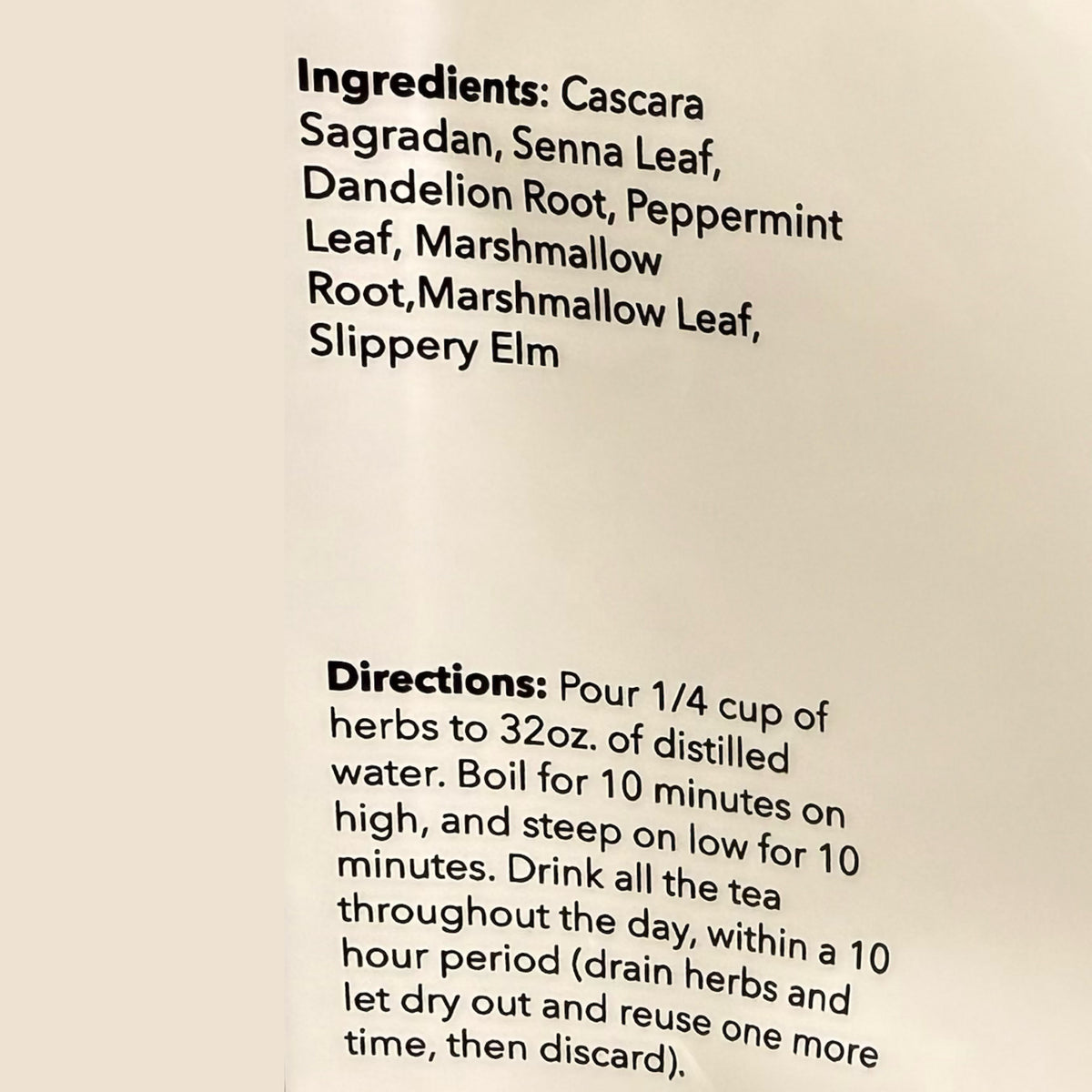 Black text on a white label listing ingredients and directions for Ultimate Detox tea.