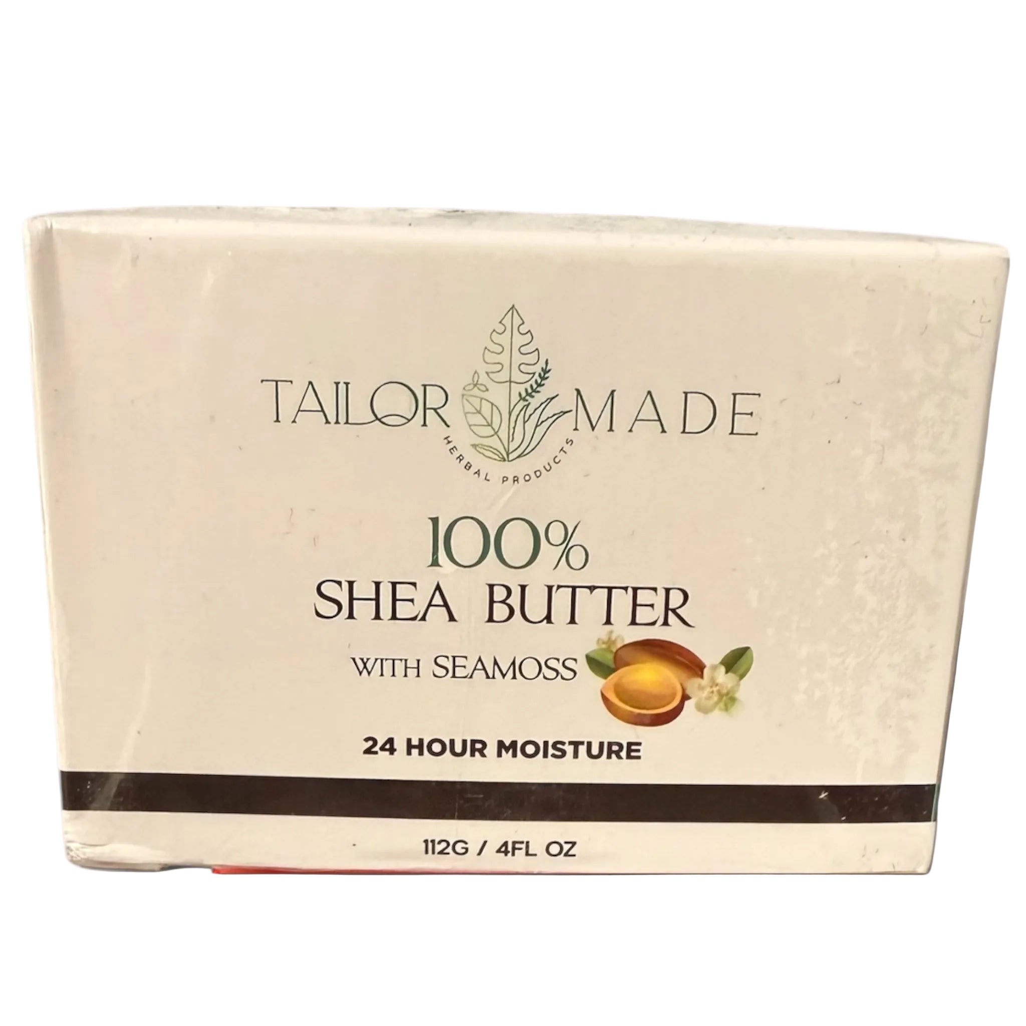 A cream-colored rectangular box of Tailor Made 100% Shea Butter with Seamoss, 24 Hour Moisture, 112g (4 fl oz), shown on a white background with a soft shadow.