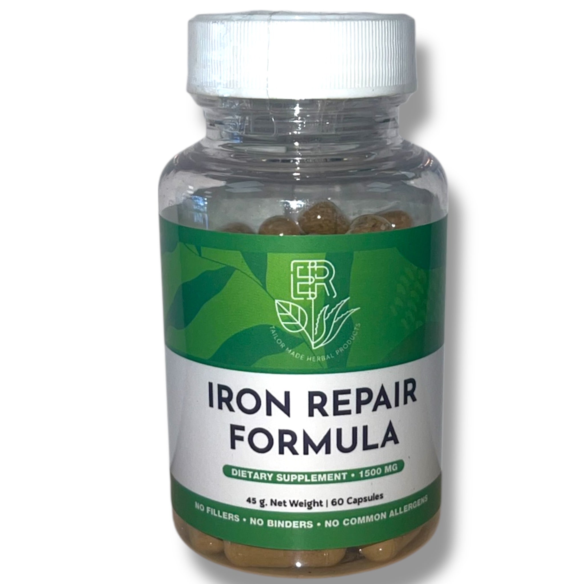 Supplement bottle labeled 'Iron Repair Formula' with a green label on a white background