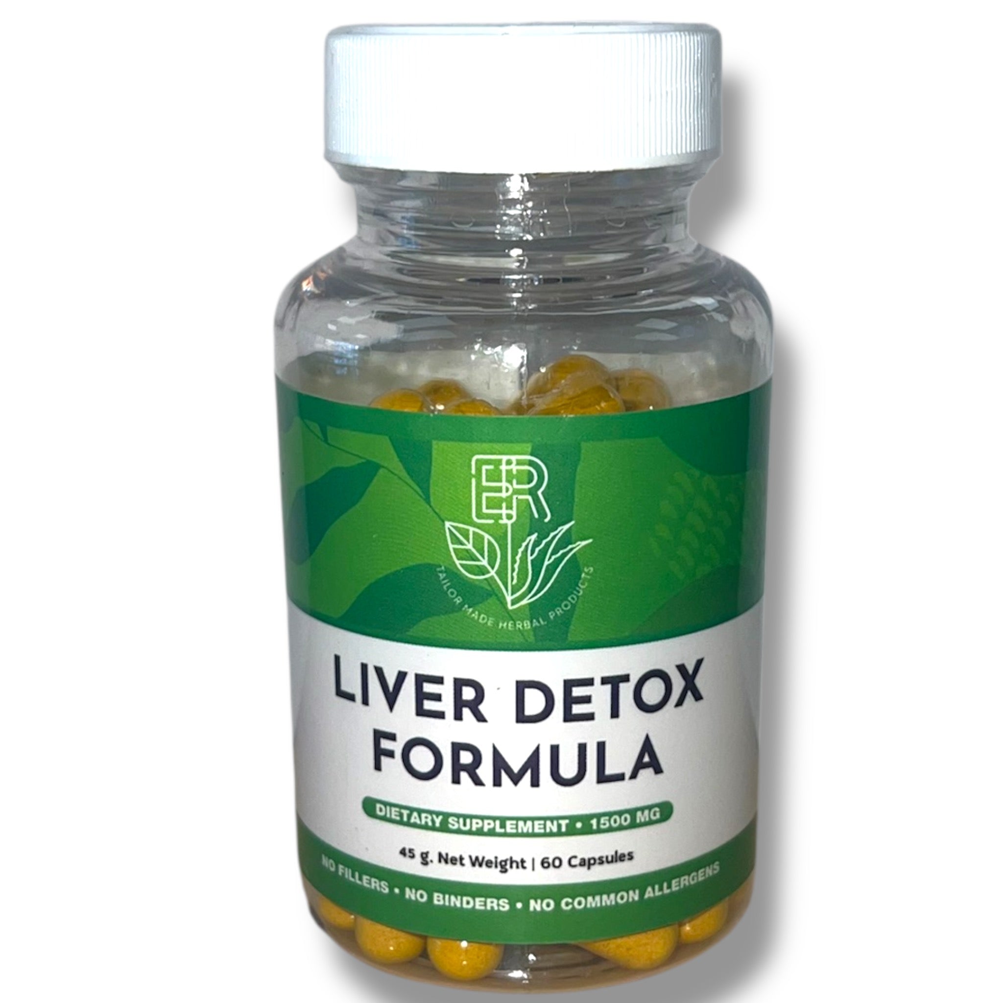 Bottle of liver detox formula dietary supplement with a green label on a white background
