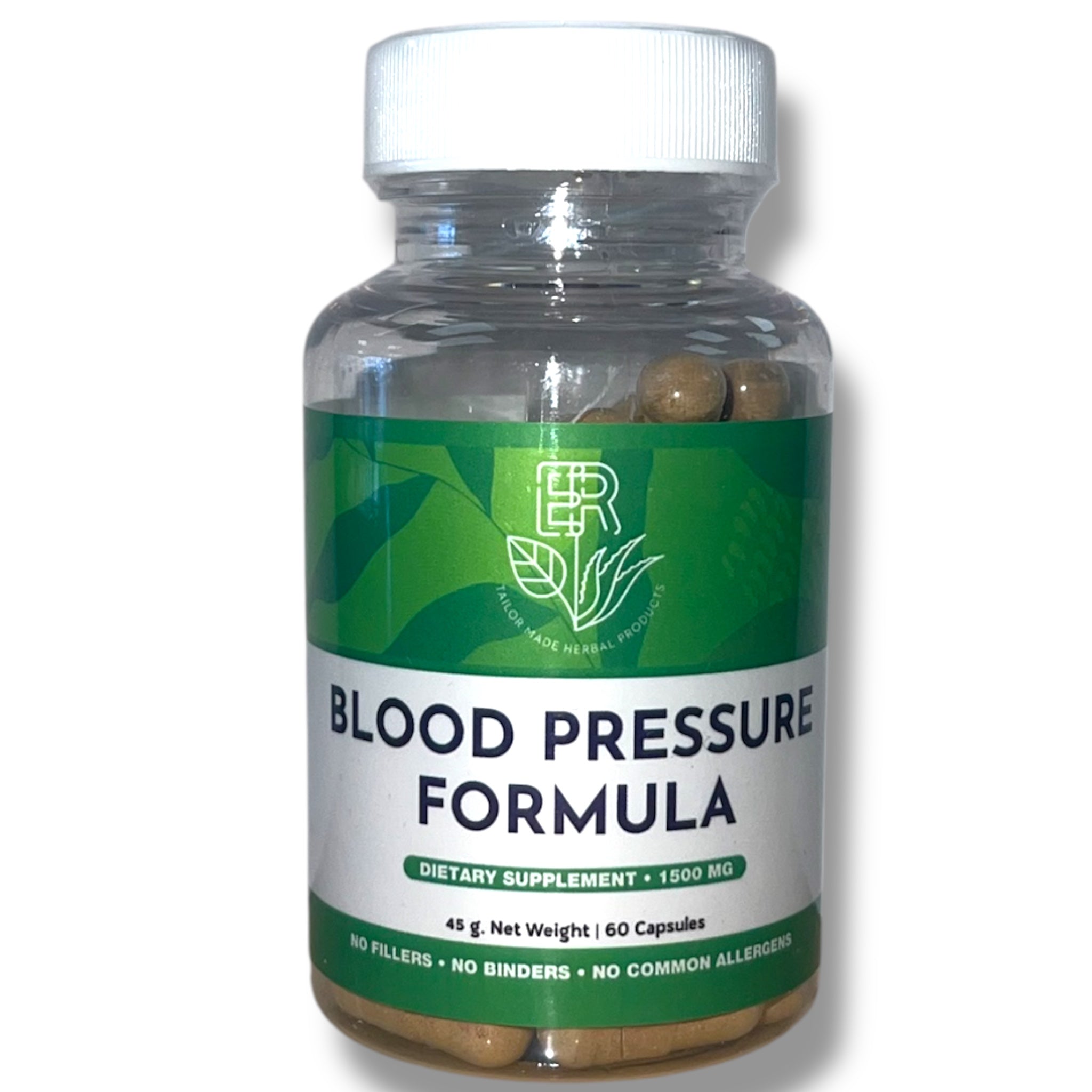 A clear plastic bottle of ER Natural Products Blood Pressure Formula dietary supplement with a green and white label, containing brown capsules, on a white background.