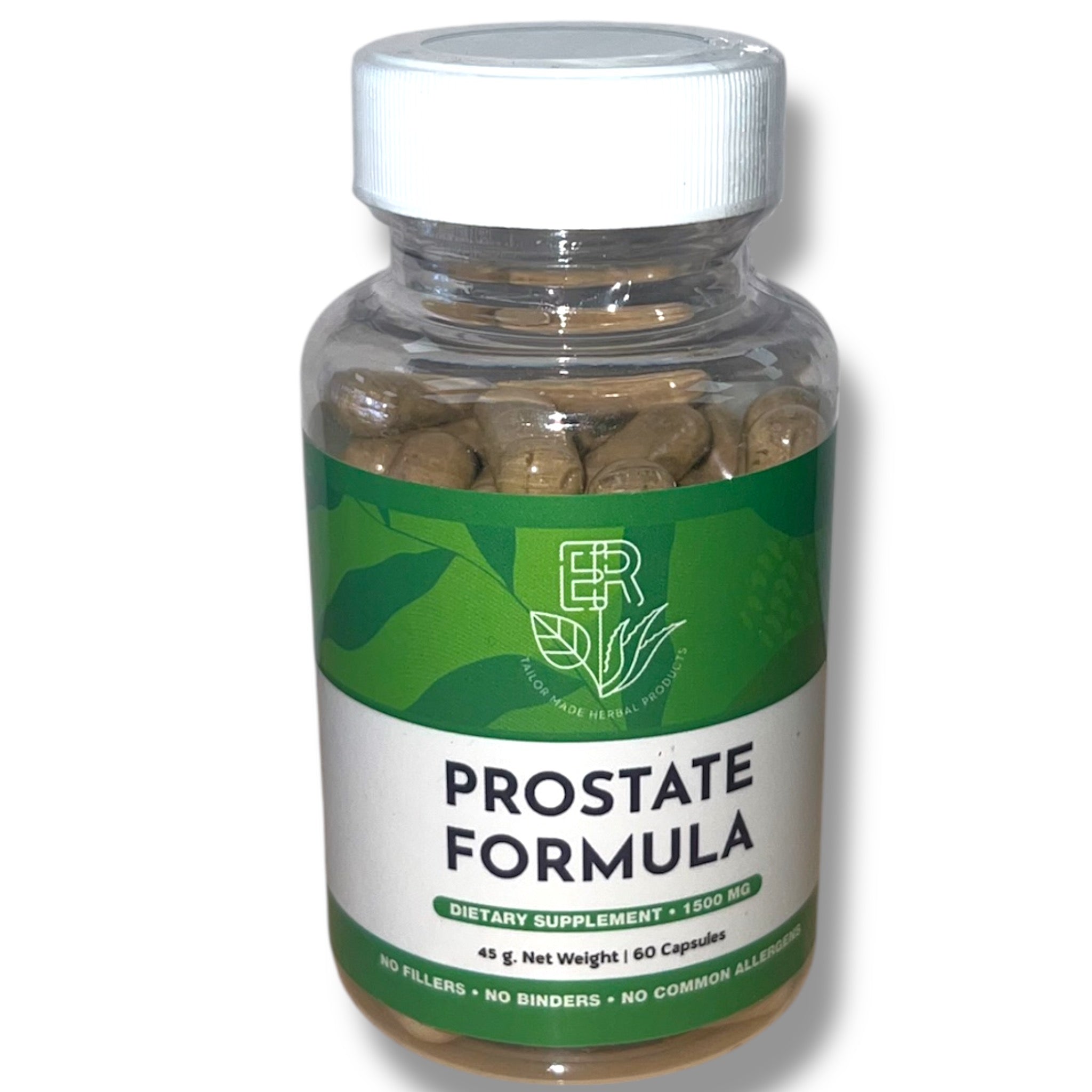Bottle of Prostate Formula dietary supplement with green label on a white background