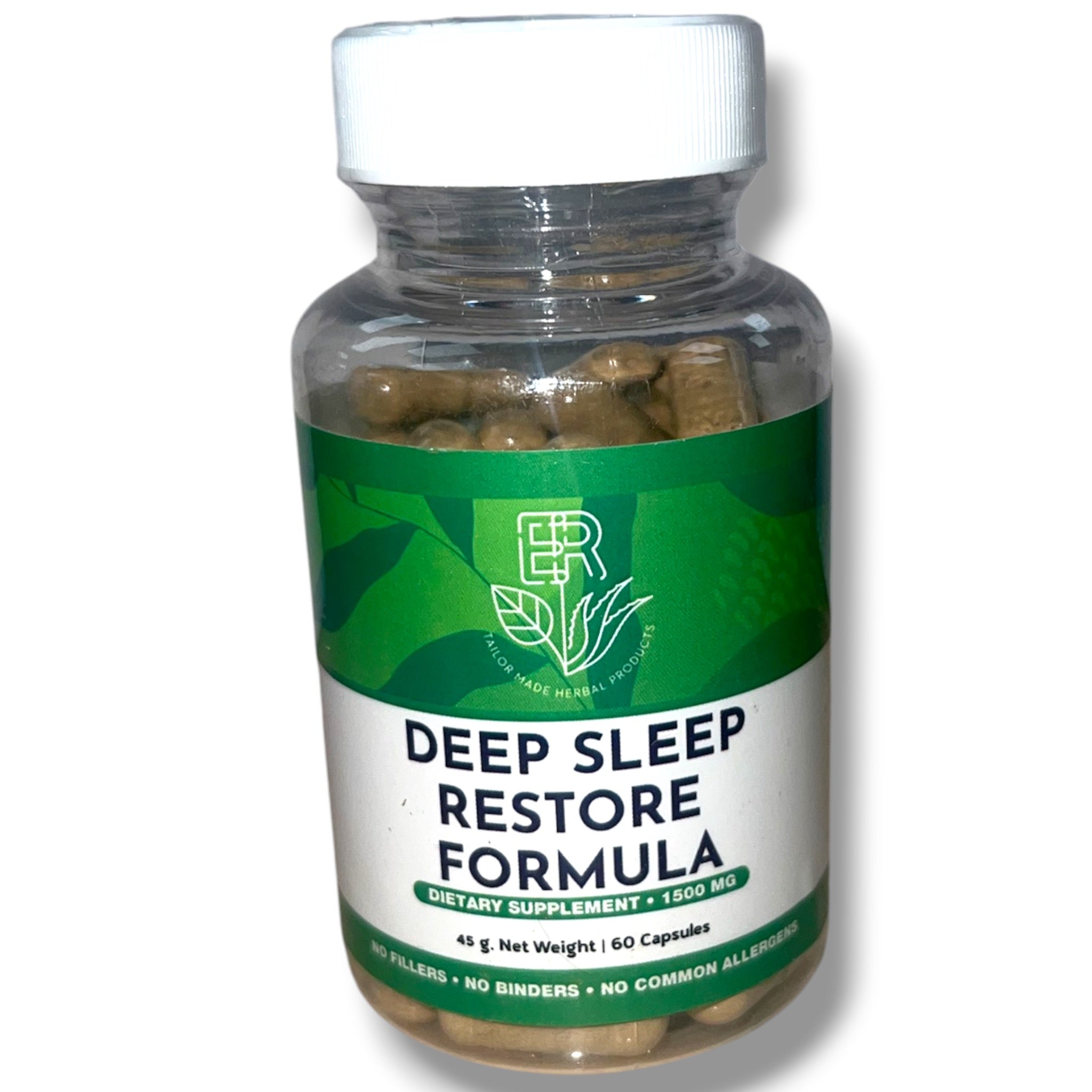 A clear plastic bottle of ER Natural Products Deep Sleep Restore Formula dietary supplement, containing 1500 mg capsules, with a green and white label and a white cap, isolated on a white background.