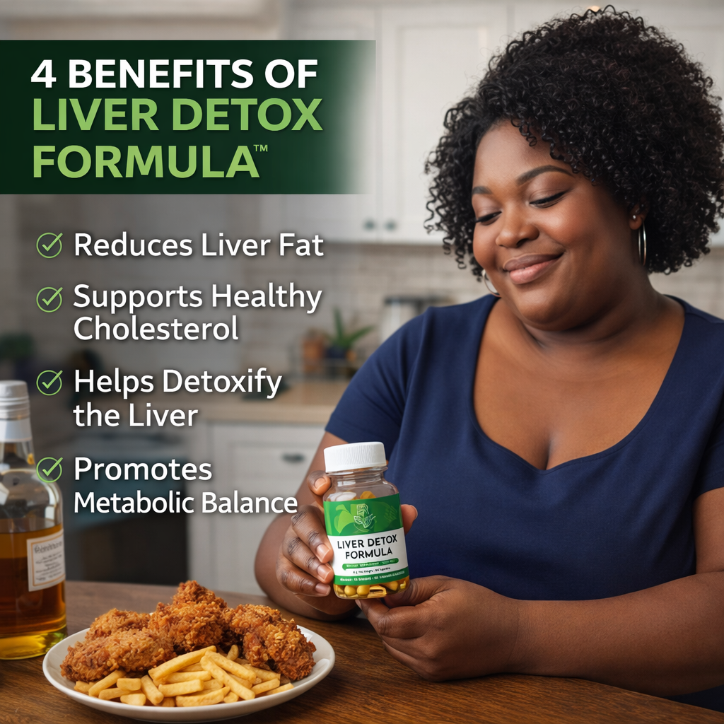 Woman holding a bottle of liver detox formula with text listing benefits in a kitchen setting.