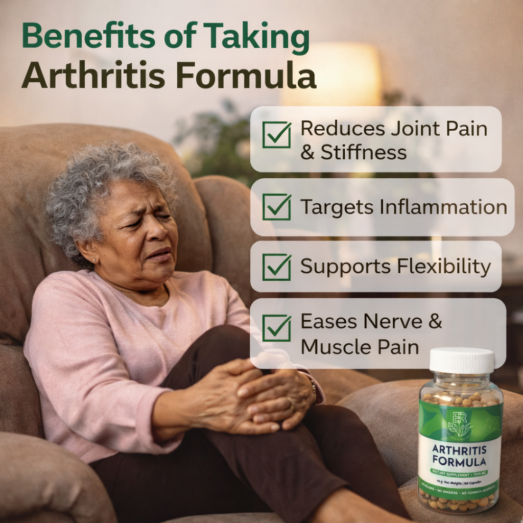 Woman with arthritis symptoms sitting on a couch next to an Arthritis Formula supplement bottle.