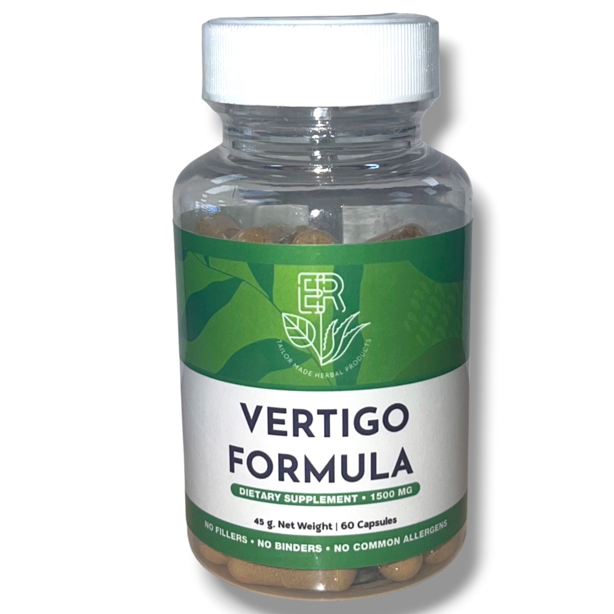 Supplement bottle labeled 'Vertigo Formula' with a green label on a white background