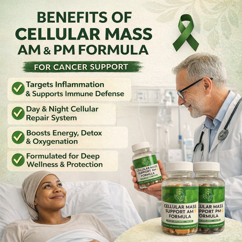 Advertisement for Cellular Mass AM & PM Formula with a doctor and patient, highlighting benefits for cancer support.