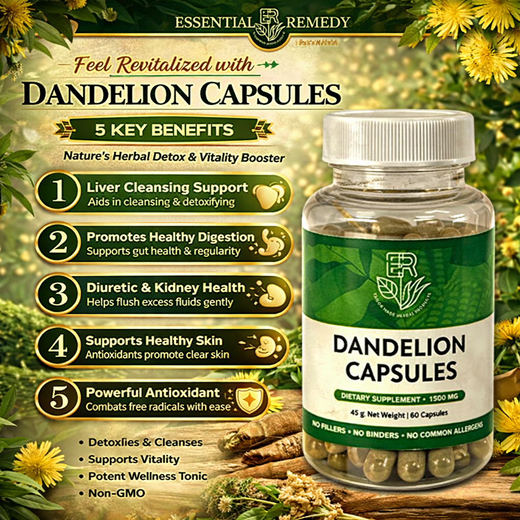 Bottle of Dandelion Capsules with promotional text and dandelion plants in the background