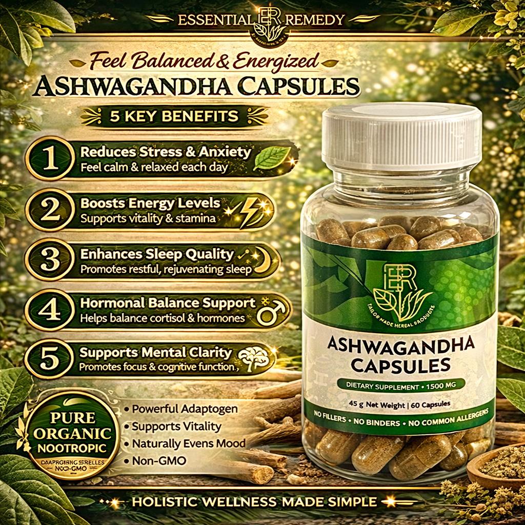 Bottle of Ashwagandha capsules with key benefits listed on a natural background