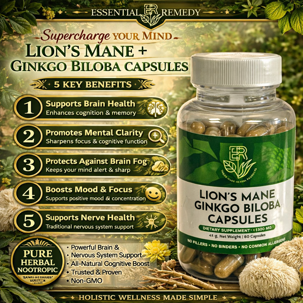 Bottle of Lion's Mane + Ginkgo Biloba capsules with promotional text on a natural background