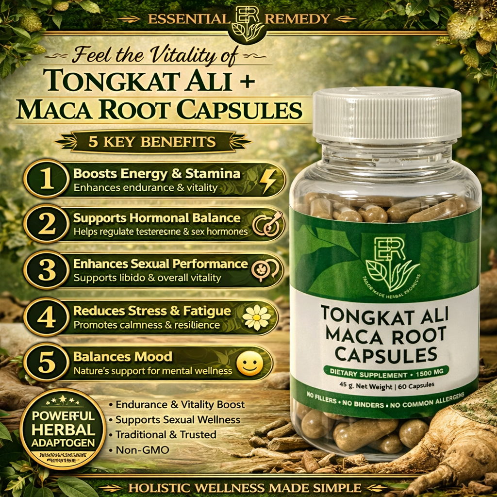 Tongkat Ali + Maca Root Capsules supplement bottle with benefits listed on a natural background